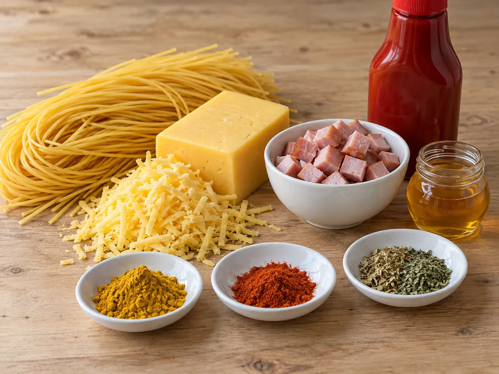 Surowe składniki na zapiekankę ze spaghetti, szynką i żółtym serem
