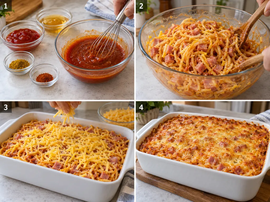 Cztery etapy przygotowania zapiekanki ze spaghetti, od sosu do zapieczonego dania