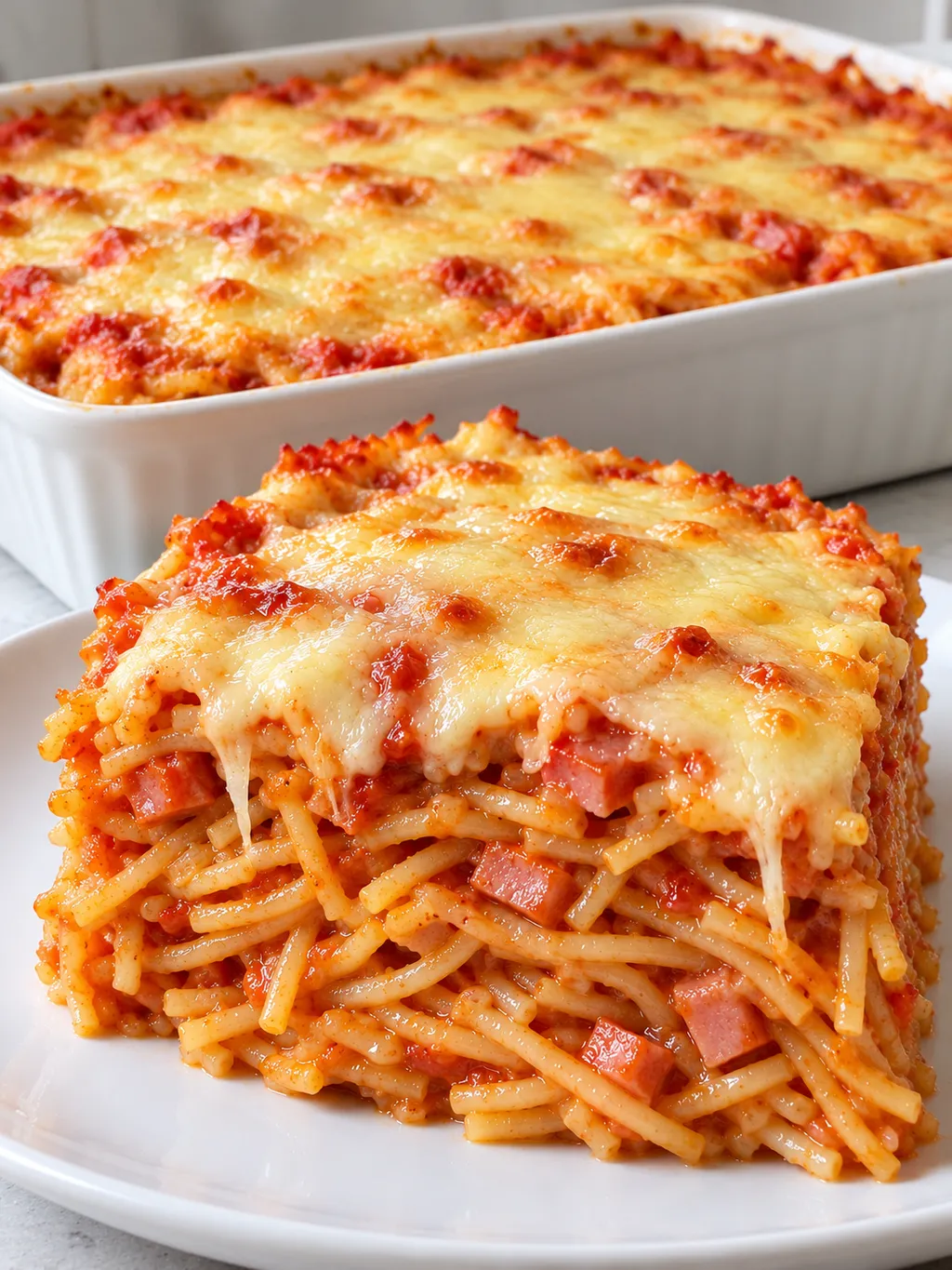 Cała zapiekanka ze spaghetti w naczyniu i porcja na talerzu z roztopionym serem