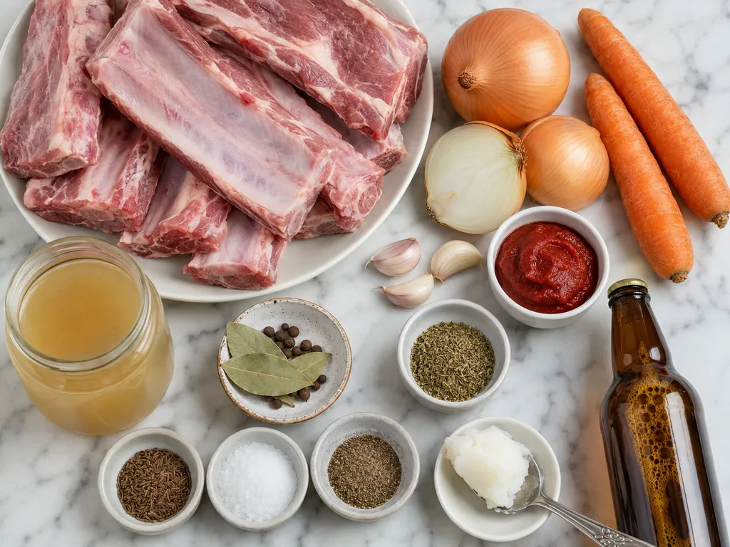 Raw pork ribs, onion, carrot, garlic, beer and spices for braised żeberka
