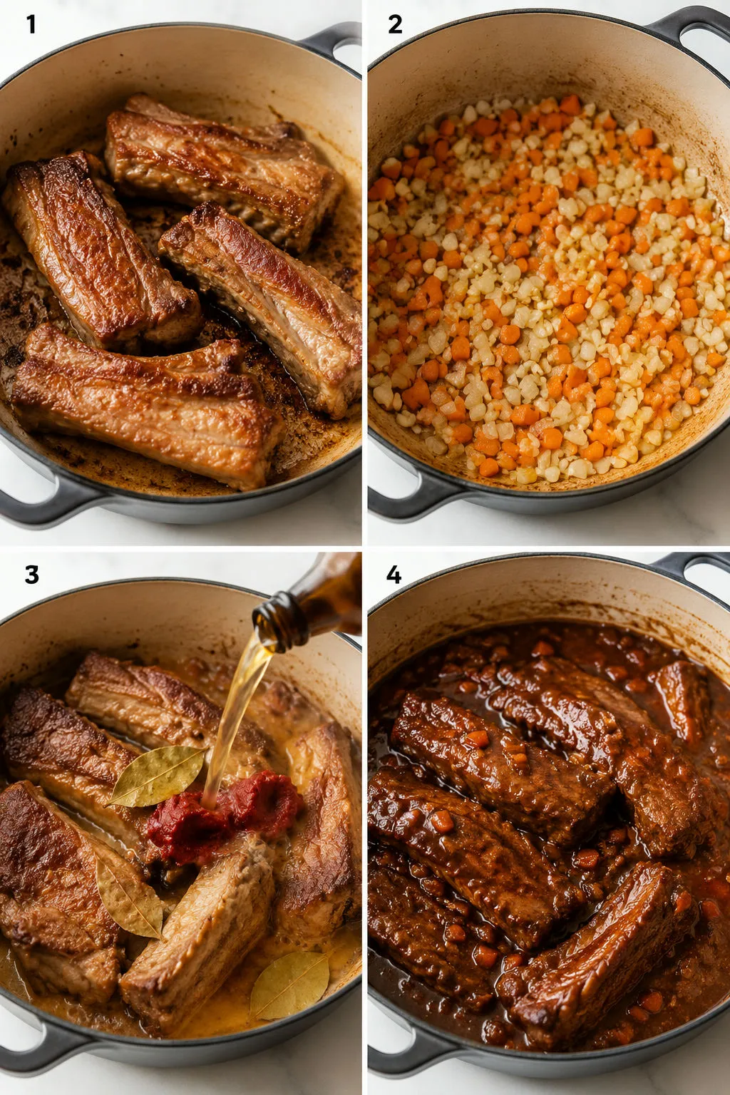 Four steps of braising Polish pork ribs from searing to a glossy finished sauce