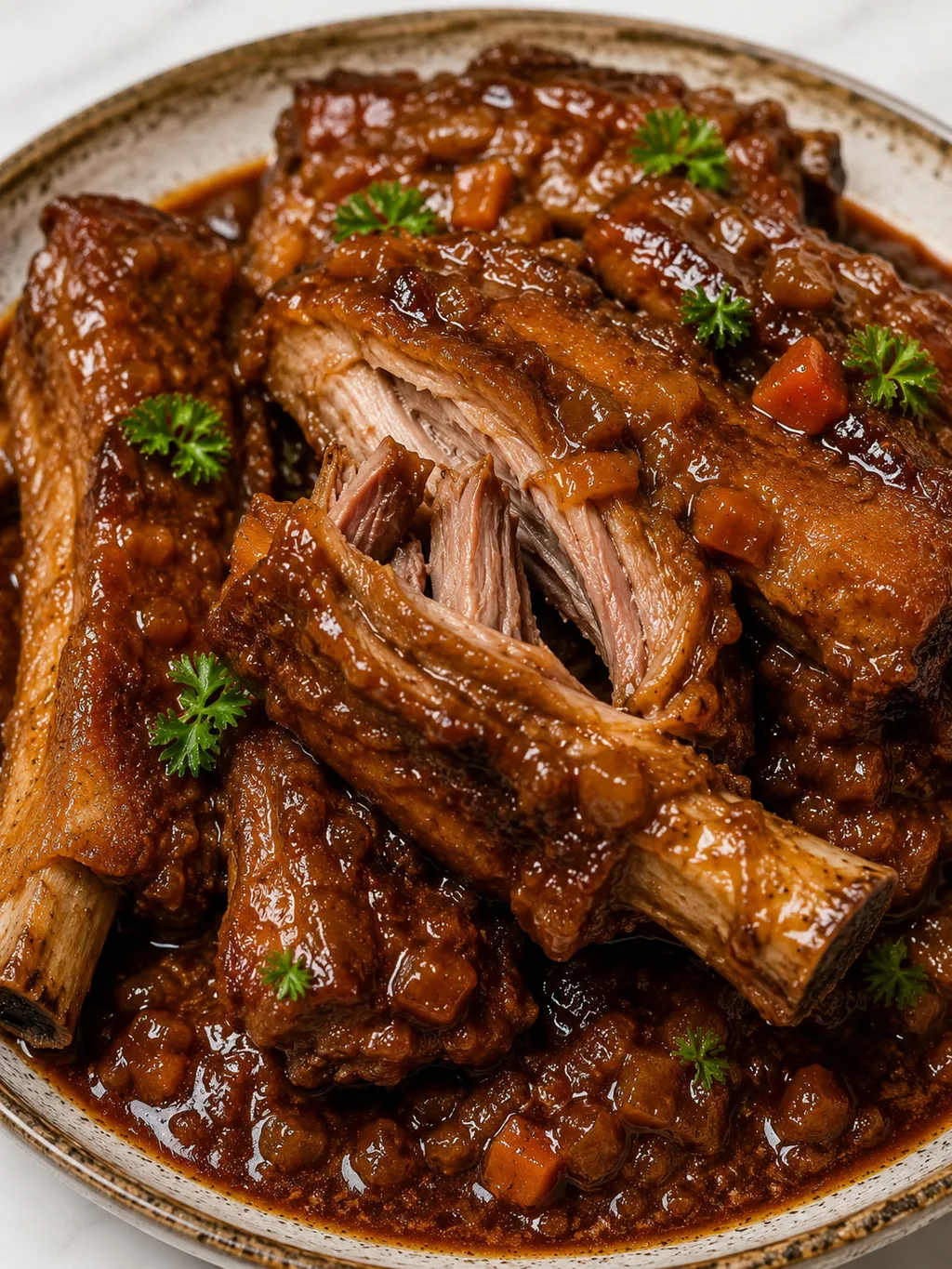Close-up of tender Polish braised pork ribs pulled apart with thick gravy