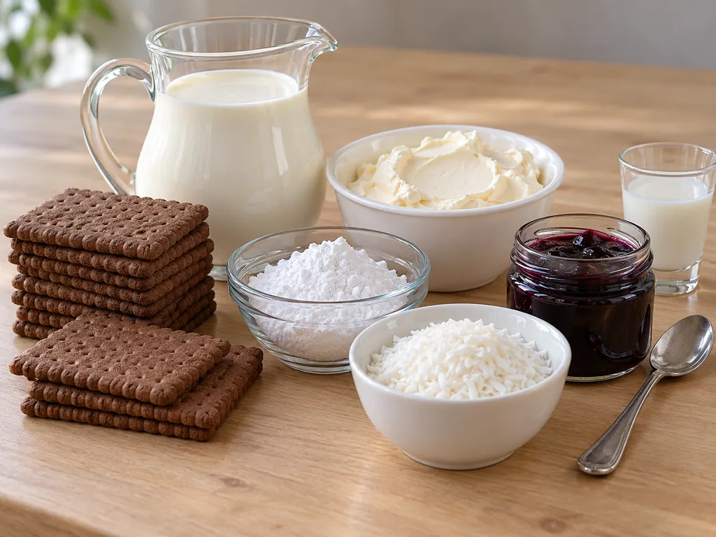 Składniki na kokosową zebrę: herbatniki, śmietana, mascarpone, kokos i dżem z porzeczki