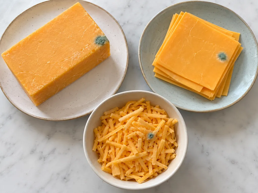 Ilustracja porównująca cheddar w bloku, plastrach i postaci tartej.