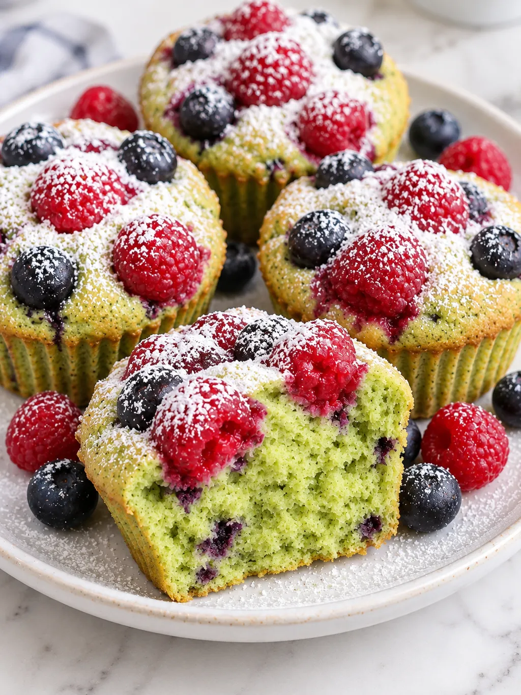 Zielone babeczki z owocami i cukrem pudrem