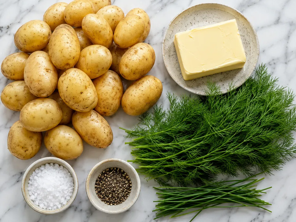 Surowe młode ziemniaki, masło i świeży koperek przygotowane do gotowania