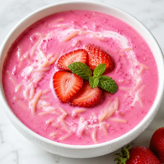 Bright pink cold strawberry soup with cream swirl and mint in a white bowl