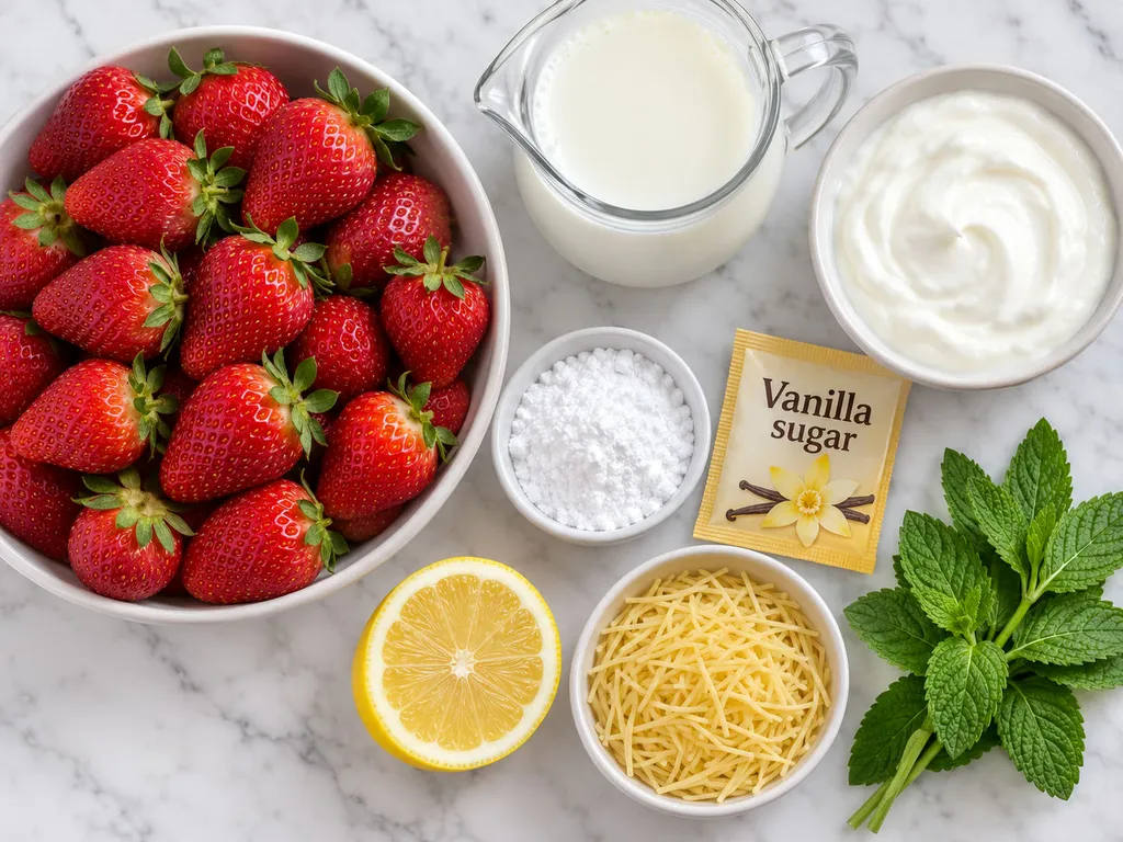 Fresh strawberries, buttermilk, cream and mint for cold strawberry soup
