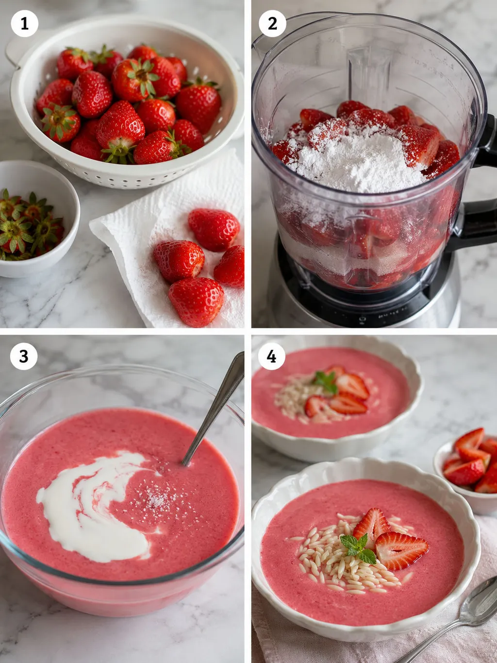 Four steps of making cold strawberry soup from blending to chilled serving