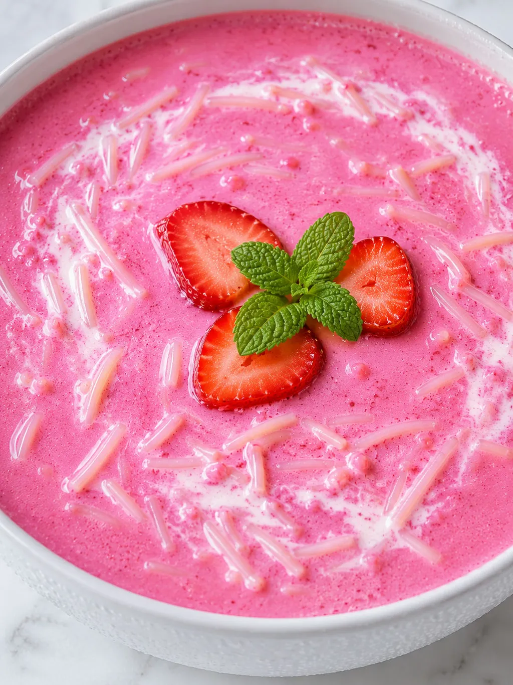 Close top-down bowl of bright pink cold strawberry soup with mint and cream