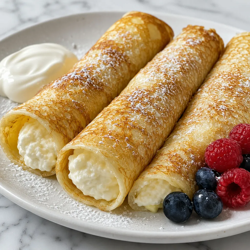 Golden Polish crepes rolled with sweet farmer's cheese and dusted with powdered sugar