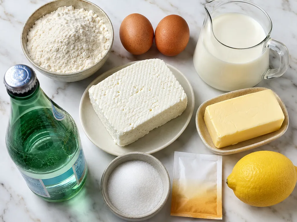 Raw ingredients for Polish farmer's cheese crepes including flour, eggs, milk and twaróg cheese