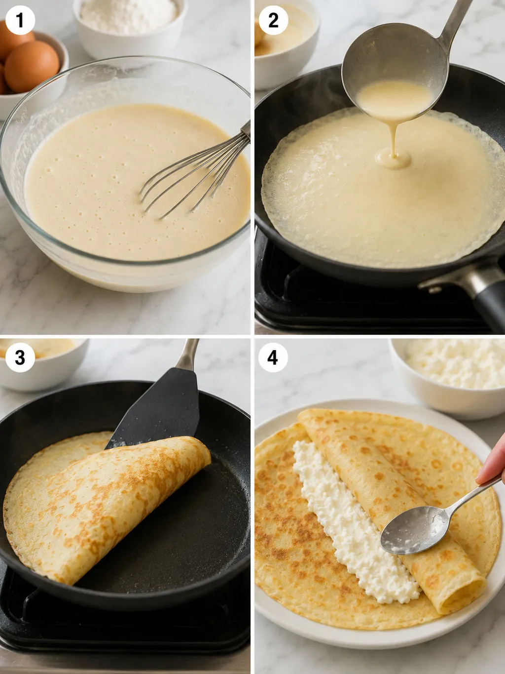 Four steps of making Polish crepes from batter to filling with sweet cheese