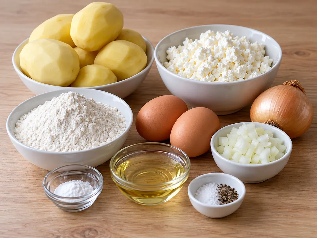 Surowe składniki na ruskie pierożańce: ziemniaki, twaróg, cebula, mąka, jajka i soda