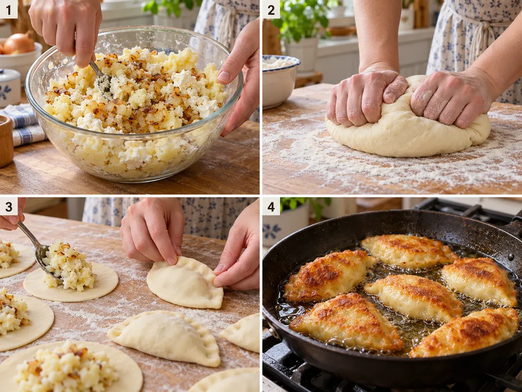 Cztery etapy przygotowania ruskich pierożańców od nadzienia do smażenia