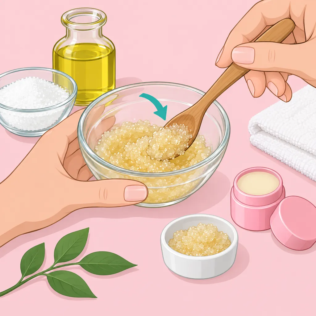 Ilustracja przygotowywania domowego peelingu cukrowego do ust i ciała.