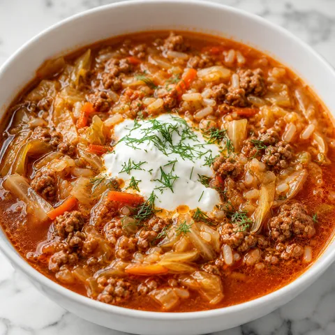 Bowl of Polish stuffed cabbage soup with ground meat, cabbage, rice, and dill