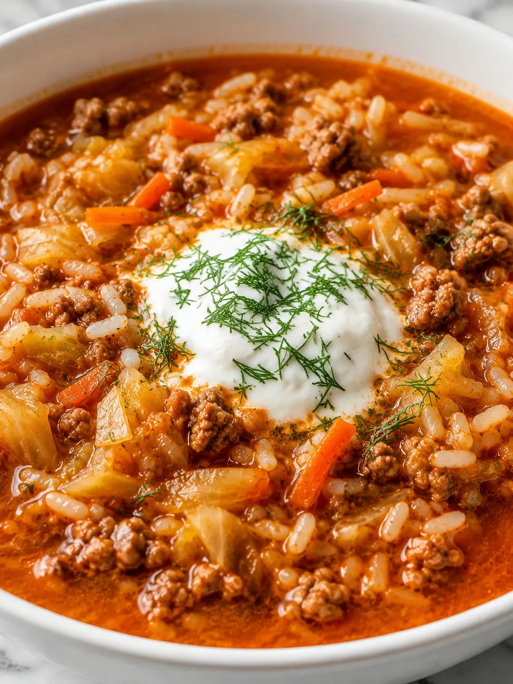 Close-up bowl of Polish stuffed cabbage soup with sour cream and dill on top