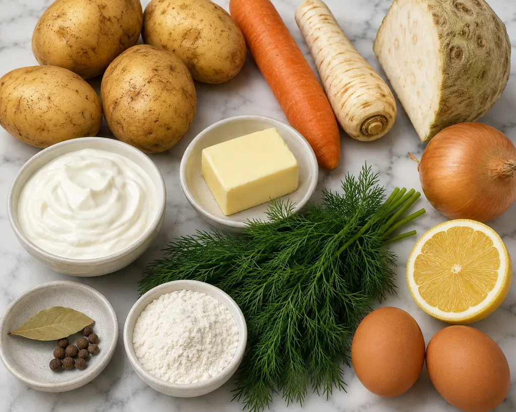 Raw ingredients for Polish dill soup including potatoes, dill, and sour cream