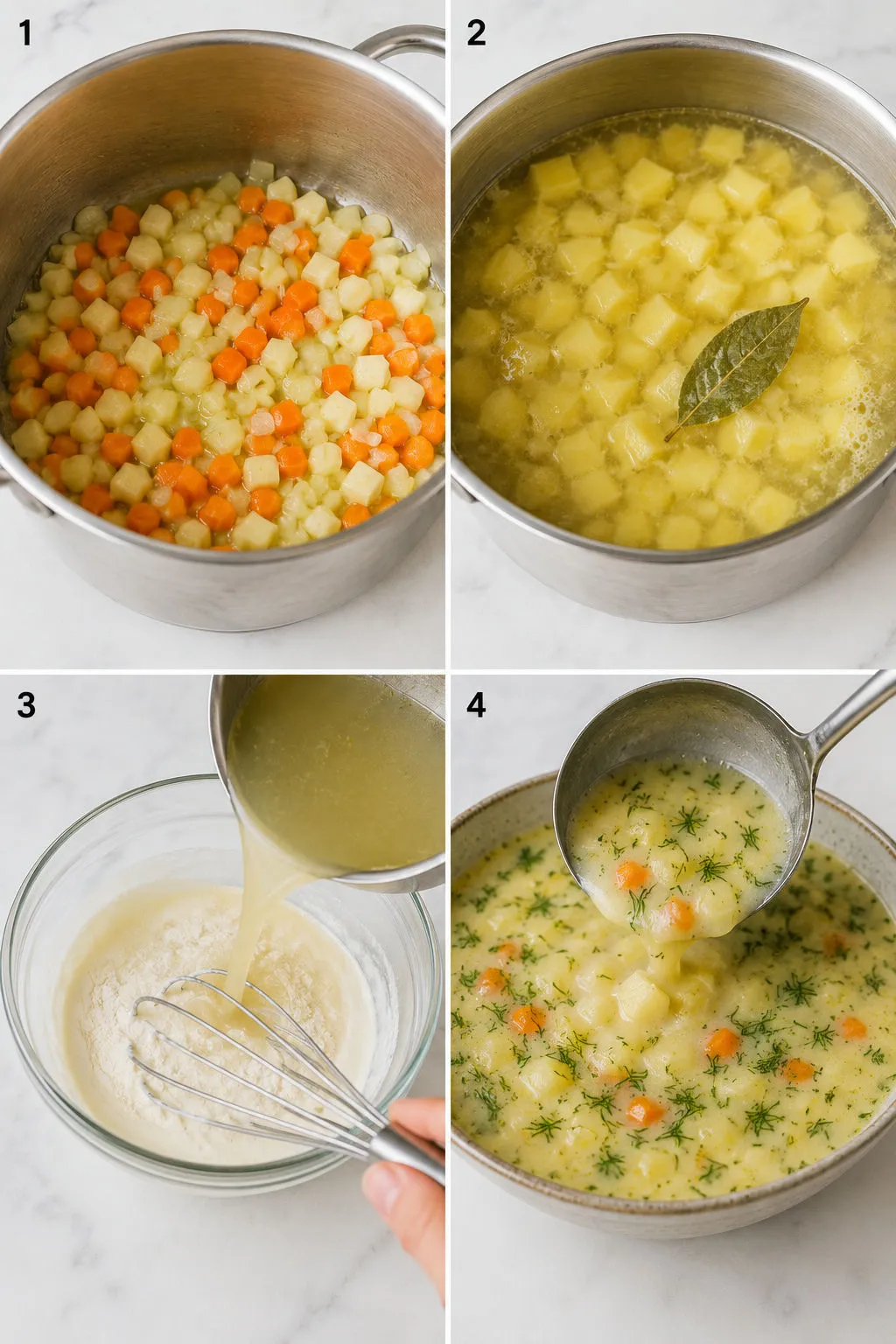 Four steps of making Polish dill soup from sauteing vegetables to ladling the soup