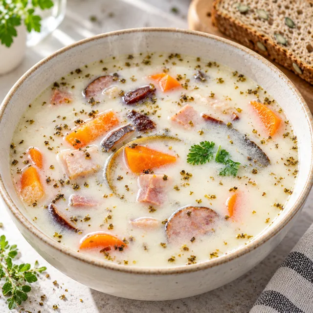 Zupa kwas z kiełbasą, boczkiem, marchewką i majerankiem w jasnej misce
