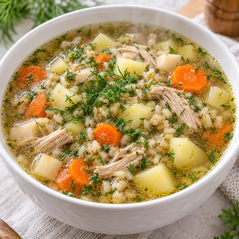 Zupa pęczakowa z indykiem, ziemniakami, marchewką i koperkiem