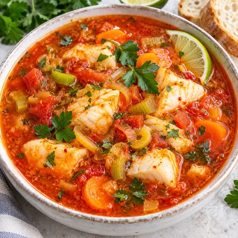 Zupa rybna z dorszem, pomidorami, marchewką i natką w jasnej misce