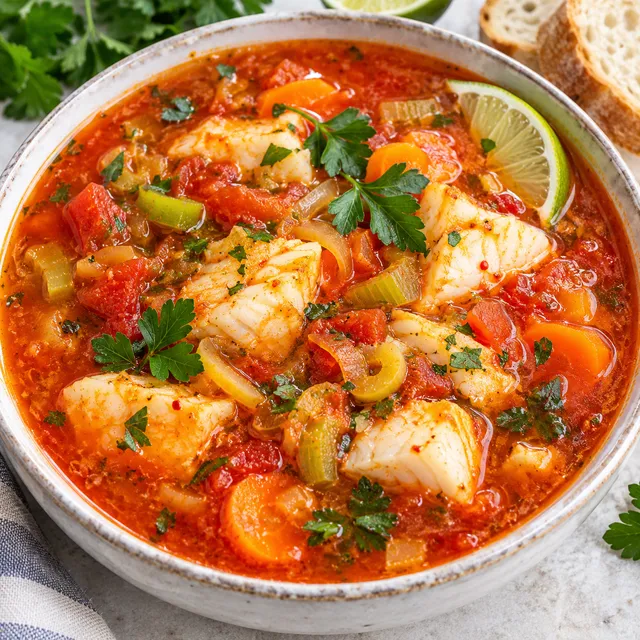 Zupa rybna z dorszem, pomidorami, marchewką i natką w jasnej misce