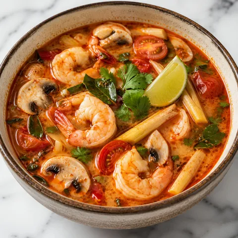 Ostra i kwaśna tajska zupa tom yum z krewetkami, trawą cytrynową i chili w misce