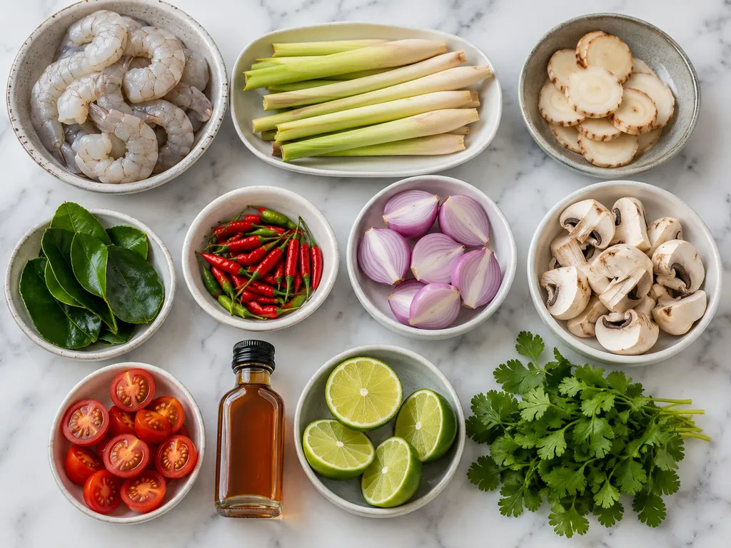 Świeże składniki na zupę tom yum: krewetki, trawa cytrynowa, galangal i chili