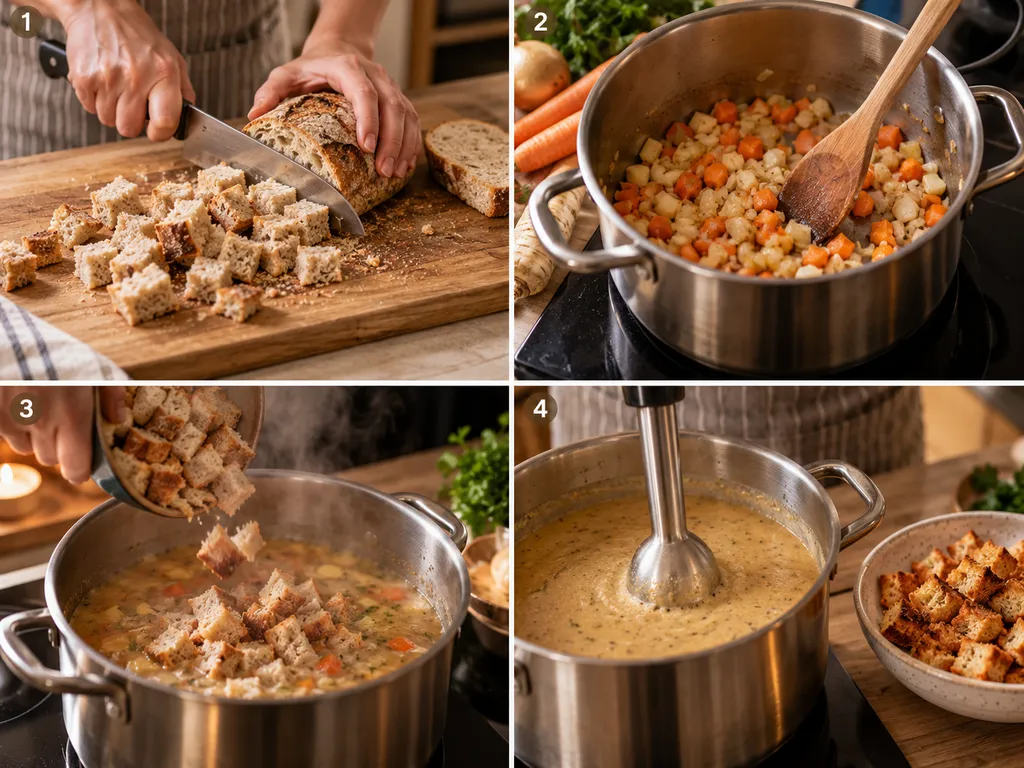 Etapy przygotowania zupy chlebowej od krojenia chleba po blendowanie