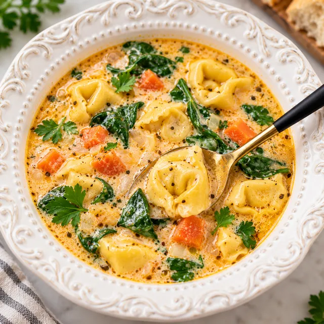 Kremowa zupa z tortellini, szpinakiem i marchewką w jasnej misce