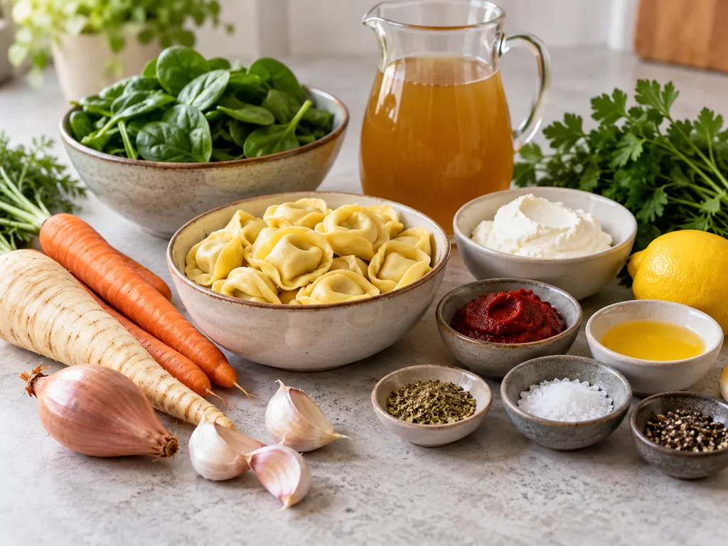 Składniki na zupę z tortellini z warzywami, mascarpone i szpinakiem