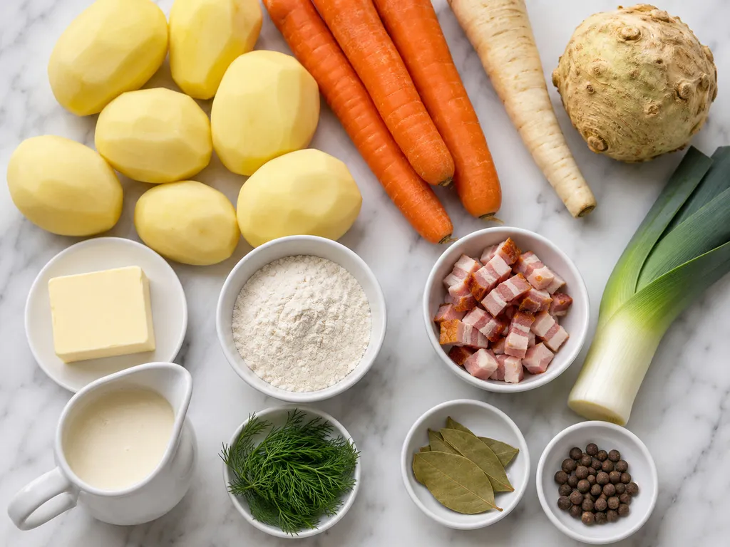 Raw potatoes, carrots, leek, celery root, bacon and cream for potato soup