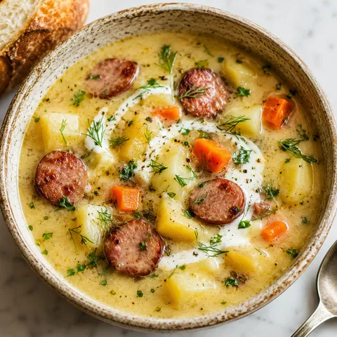 Creamy Polish potato soup with smoked kielbasa and dill in a rustic bowl