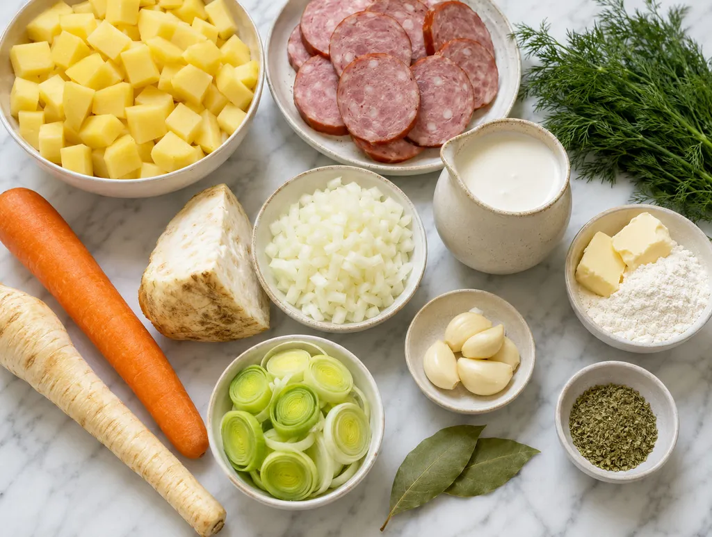 Raw potatoes, smoked kielbasa, root vegetables and dill for Polish potato soup