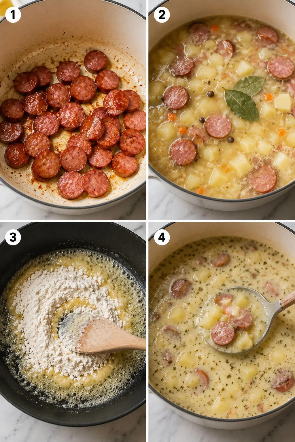 Four steps of making Polish potato soup from browning kielbasa to ladling the bowl